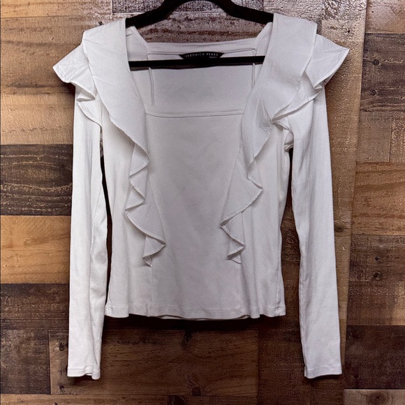 Veronica Beard Tops - VERONICA BEARD‎ Jeans Top Women Small White Ribbed Rib Knit Ruffle Designer
